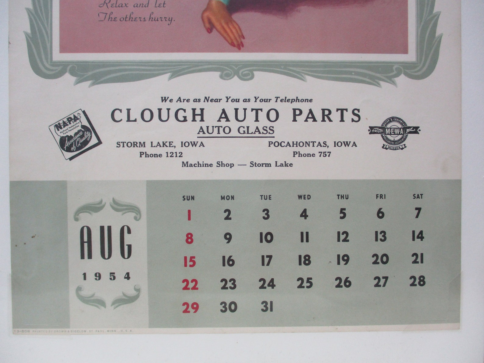 1954 Calendar August 1954 Calendar August