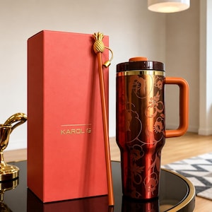 Red Orange Floral Stanley Inspired Tumbler 40oz, Karol G Limited Edition Travel Mug | Gift for Her image 1