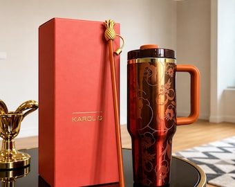 Rödorange blommig Stanley-inspirerad tumbler 40oz, Karol G Limited Edition resemugg | Present till henne