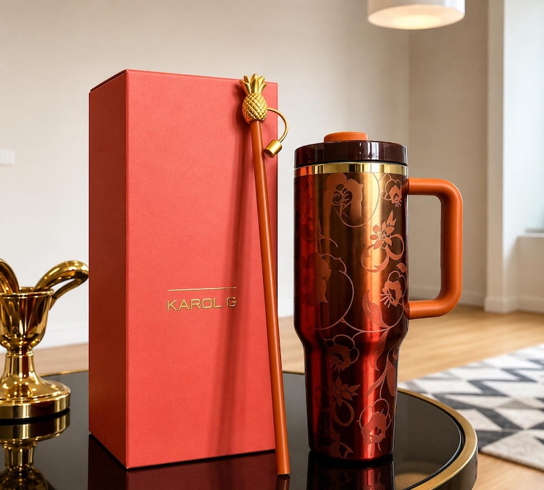 Red Orange Floral Stanley Inspired Tumbler 40oz, Karol G Limited Edition Travel Mug | Gift for Her image 1