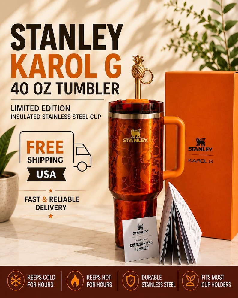 May include: A 40 oz Stanley Karol G limited edition insulated stainless steel tumbler in a metallic orange finish with a matching handle and a gold-toned pineapple-shaped straw topper. The set includes a matching orange box and a product manual.