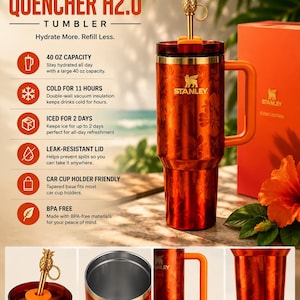 May include: A metallic orange Stanley Quencher H2.0 tumbler with a 40 oz capacity, featuring a floral pattern, a gold-tone pineapple-shaped straw topper, a comfort-grip handle, a leak-resistant lid, and a tapered base for car cup holders.
