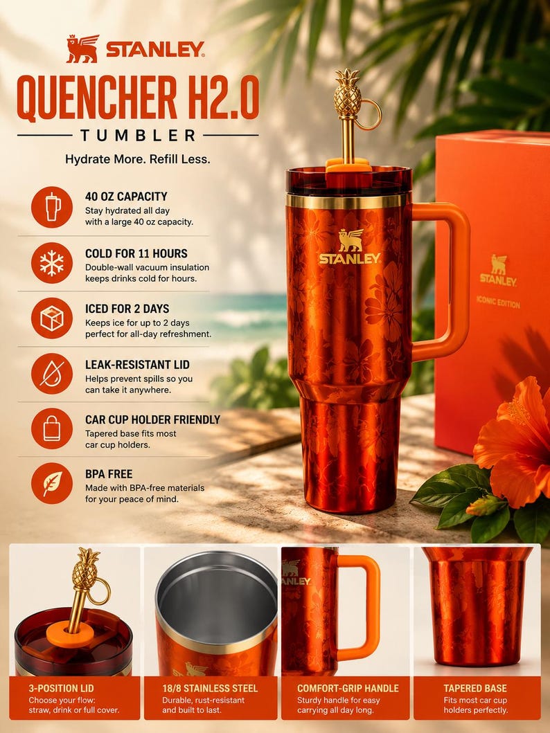 May include: A metallic orange Stanley Quencher H2.0 tumbler with a 40 oz capacity, featuring a floral pattern, a gold-tone pineapple-shaped straw topper, a comfort-grip handle, a leak-resistant lid, and a tapered base for car cup holders.