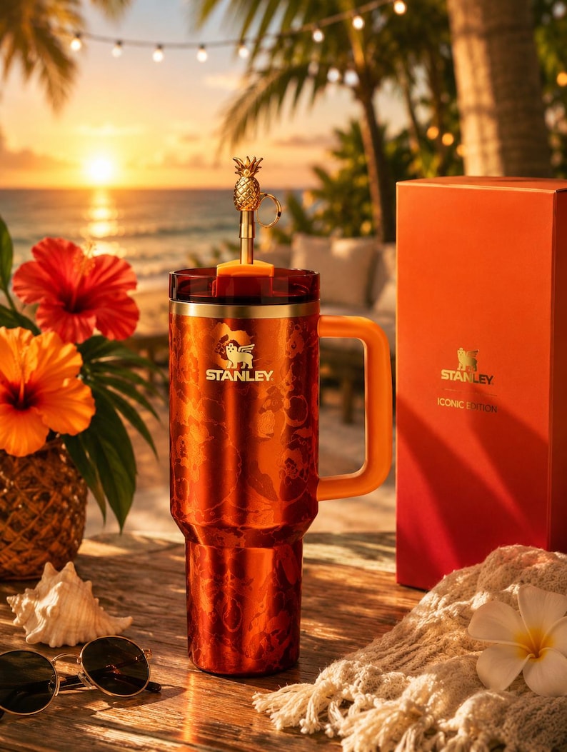 May include: A metallic orange Stanley tumbler with a handle, a dark lid, and a gold pineapple-shaped straw topper. The tumbler features a subtle floral pattern and the Stanley logo. Beside it stands a matching orange box labeled Stanley Iconic Edition.