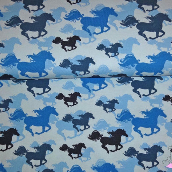0,5 x 1,50 m Cotton Knit Jersey WILD HORSES blue, 95/5% cotton/spandex
