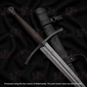May include: A longsword with a dark, textured grip and a straight crossguard, featuring a blade with a visible layered pattern. The sword is accompanied by a black leather scabbard embossed with a lion emblem and decorative heart-shaped details.