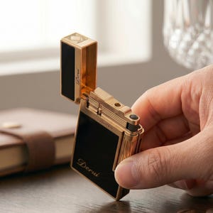 May include: A gold-toned metal lighter with a rectangular shape and black panels. The lid is open, revealing the internal mechanism. The word Derui is printed on the front and inside the lid, with the word LIGHTER printed on the top edge.