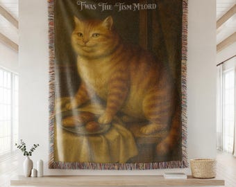 Twas the tism m’lord cat tapestry, weirdcore medieval blanket, funny neurodivergent wall art, quirky autism meme decor, unhinged gift