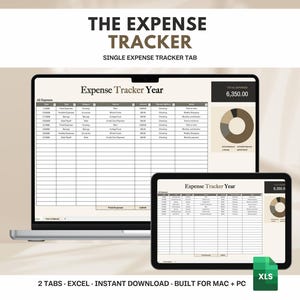 May include: A digital expense tracker spreadsheet displayed on a laptop and tablet screen. The interface features columns for date, type, category, record, amount, payment method, and notes, with a pie chart and a total expense box of 6,350.00.