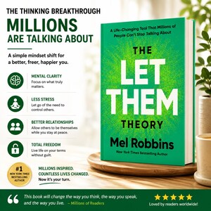 Puede incluir: Un libro de tapa dura verde titulado The Let Them Theory de Mel Robbins. La portada presenta texto blanco y un gr&aacute;fico de rayos solares. El libro se muestra junto a texto promocional que destaca la claridad mental y menos estr&eacute;s.