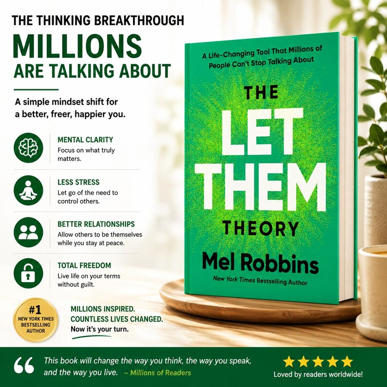 Puede incluir: Un libro de tapa dura verde titulado The Let Them Theory de Mel Robbins. La portada presenta texto blanco y un gr&aacute;fico de rayos solares. El libro se muestra junto a texto promocional que destaca la claridad mental y menos estr&eacute;s.