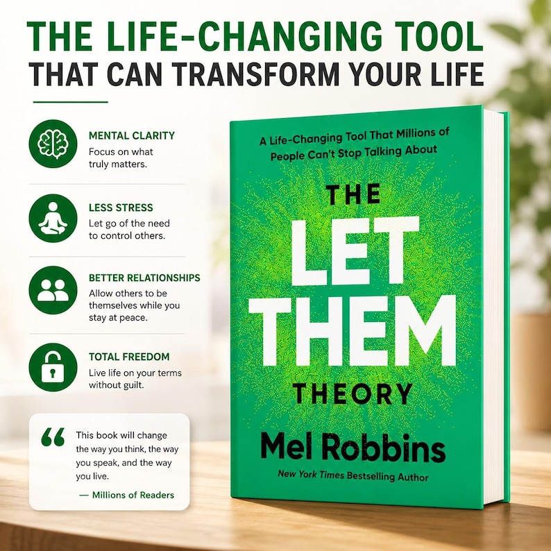 May include: A green book titled The Let Them Theory by Mel Robbins. The cover features white text and a sunburst graphic. To the left, a list highlights benefits including mental clarity, less stress, better relationships, and total freedom.