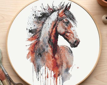 Patrón de punto de cruz de caballo, bordado de caballo en acuarela en PDF, gráfico moderno de punto de cruz contado, descarga instantánea.