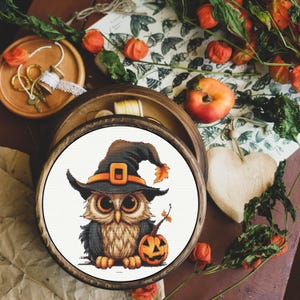 May include: A round wooden embroidery hoop containing a cross-stitch pattern of a brown owl wearing a black witch hat with an orange band and a buckle. The owl is positioned next to a small orange jack-o'-lantern pumpkin with a green stem.