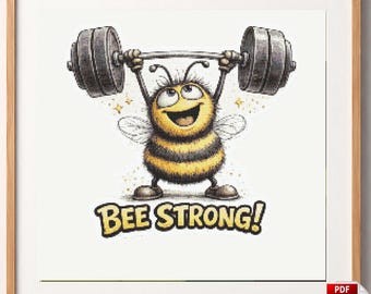 Schema per punto croce "Bee Strong", ape sollevatrice di pesi divertente, schema di ricamo motivazionale per la palestra (PDF)