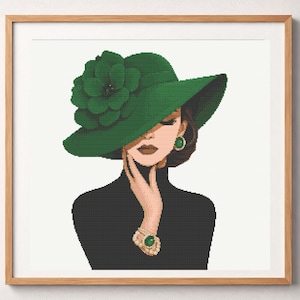 Cross Stitch Pattern Witch Hat Woman, Green Floral Hat Embroidery Design, Vintage Lady Portrait Needlepoint PDF