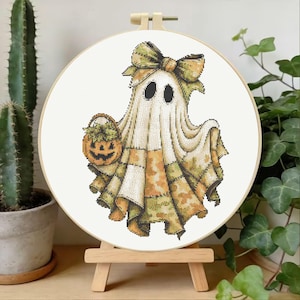 Sött spökekorsstygnsmönster, Halloween-spöke med pumpa PDF-mönster, broderidiagram för läskig höst, digital nedladdning