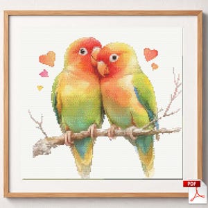 Pode incluir: Um padrão de ponto cruz apresentando dois periquitos com plumagem amarela, laranja e verde empoleirados juntos num galho castanho. O design inclui pequenas formas de coração pixelizadas em tons de vermelho, laranja e rosa flutuando ao redor das aves, tudo emoldurado numa moldura quadrada de madeira clara.