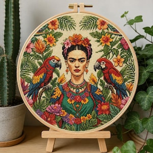 Può includere: Un telaio da ricamo circolare contenente un ritratto a punto croce di una donna con una corona di fiori, affiancata da due pappagalli rossi, blu e gialli. Il disegno presenta un fogliame verde vivace e fiori colorati su sfondo color crema.