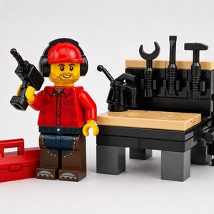 May include: A Lego minifigure wearing a red shirt, brown pants, and a red cap with black earmuffs, holding a black drill. Beside the figure is a red toolbox and a black and tan workbench featuring a black oil can, wrench, chisel, and hammer.