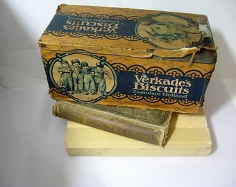 Vintage Biscuit Tin with Original Paper Label - Holland Verkade's Biscuit Tin from Holland - 1930's Dutch Verkade's Biscuit Tin