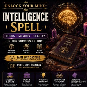 May include: A digital graphic titled UNLOCK YOUR MIND INTELLIGENCE SPELL featuring a glowing brain illustration, a dark book with a tree emblem, a purple candle, and various icons. Text includes FOCUS, MEMORY, CLARITY, STUDY SUCCESS ENERGY, and service details.