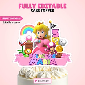 以下が含まれることがあります： ピーチ姫、ピンクのキノピオ、虹、ハテナブロック、金貨、クッパのアイコン付き旗が描かれたケーキトッパー。ピンクのバナーには「PRINCESS MARIA」の文字と数字の5がデザインされています。テキスト：FULLY EDITABLE CAKE TOPPER。