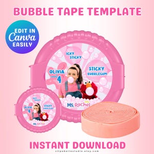 Ms. Rachel Bubblegum-tejpetikett: Utskrivbar redigerbar Canva-mall (nedladdning direkt)