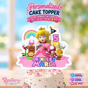 May include: A personalized cake topper featuring Princess Peach, a pink mushroom, a rainbow, and a flag with a Bowser icon. The design includes a pink banner with the text PRINCESS MARIA, a yellow question block with the number 5, and a gold coin.