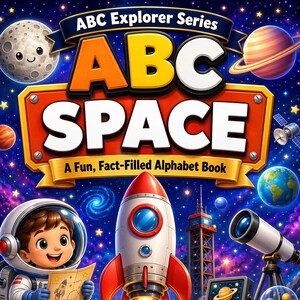 Puede incluir: Una portada de libro titulada ABC Explorer Series ABC SPACE A Fun, Fact-Filled Alphabet Book con un astronauta, un cohete, un telescopio y un modelo de planetario sobre un fondo espacial estrellado con cuatro iconos circulares.