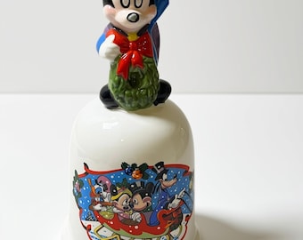 Vintage Schmid Mickey Mouse Christmas Bell, Ceramic Sleigh Scene, Disney Collectible