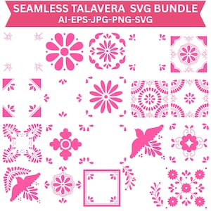 May include: A digital graphic set titled SEAMLESS TALAVERA SVG BUNDLE AI-EPS-JPG-PNG-SVG featuring various pink floral, geometric, and bird motifs on a white background. The collection includes repeating patterns, square tiles, and individual elements.
