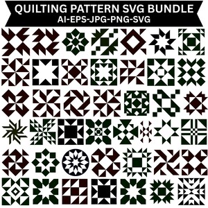 Op de afbeelding: Een digitale collectie van zwart-witte geometrische quiltpatronen gerangschikt in een raster. De bovenste banner toont de tekst QUILTING PATTERN SVG BUNDLE AI-EPS-JPG-PNG-SVG. Elk vierkant bevat unieke ster-, windmolen- en blokontwerpen.