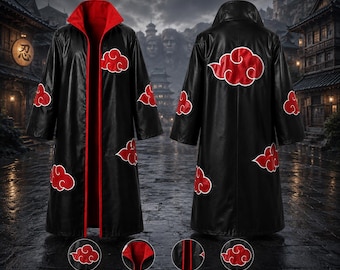Cape gothique noire faite main pour cosplay avec motif nuage rouge | Manteau à capuche unisexe inspiré des animés | Cadeau costume ninja
