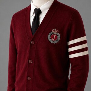 Handmade Red Knit Cardigan with Embroidered Crest | Vintage V-Neck Sweater | Classic Button Front Jacket | Unisex Cozy Layer