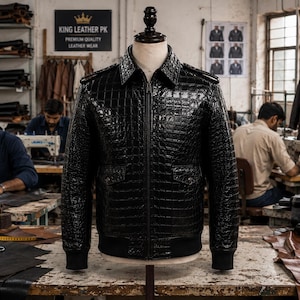 May include: A black leather jacket with a glossy crocodile skin texture, featuring a full-length front zipper, a pointed collar, shoulder epaulets, and two button-flap pockets on the front. The jacket has ribbed cuffs and a ribbed hem at the waist.