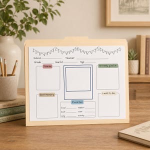 May include: A beige file folder containing a printed school memory sheet with a bunting banner design at the top. The sheet includes blank fields for school, teacher, grade, year, age, and sections for friends, best memory, favorites, and goals.