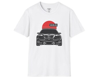 WS6 Sports Car T-Shirt | Front View Graphic, Red Sun Background