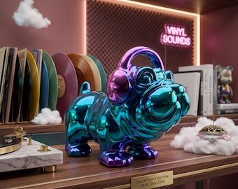 Headphone Bulldog Statue, Rose Gold French Bulldog Figurine, Modern Dog Sculpture, Music Lover Gift, Office Desk Decor