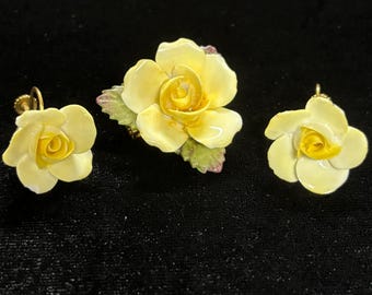 Vintage Denton England Yellow Rose Brooch & Screwback Earrings Set Porcelain China Signed