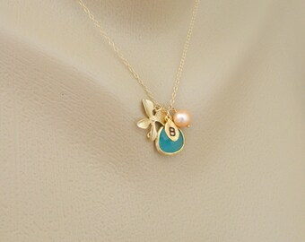 Mothers day Gift, Monogram Necklace, Initial Necklace, Bridesmaid Gifts, Mothers Necklace, Gold Framed, Peach Pearl, Aqua
