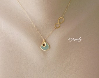 Personalized New Mom Necklace, Infinity Birthstone Necklace, GOLD Initial Necklace, Eternity Necklace, Bridesmaid Gift, Bridal Party Gift