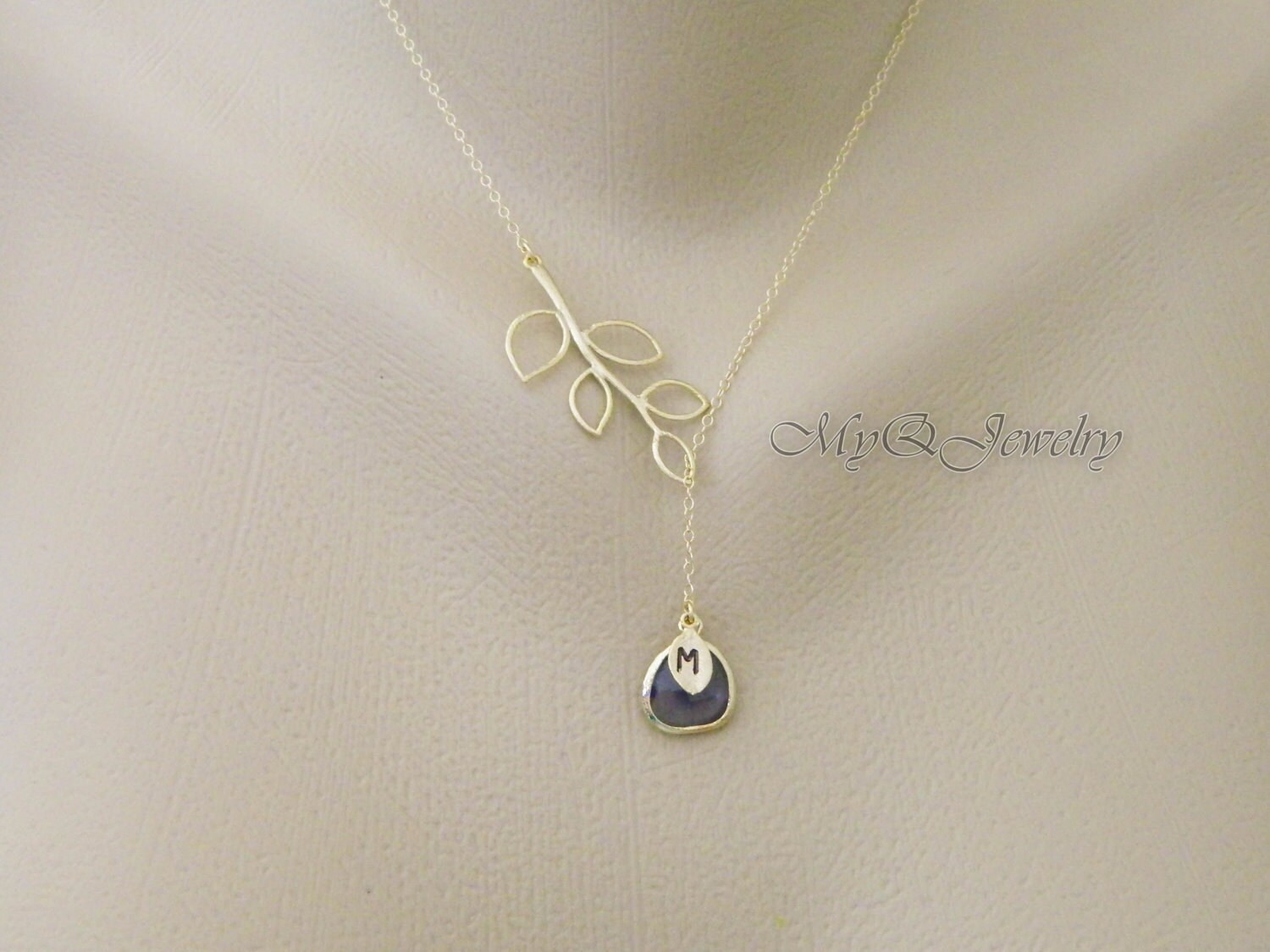 Lariat GOLD Monogram Necklace Initial Necklace Amethyst Etsy