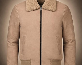 Men's Genuine Sheepskin Shearling Bomber Jacket, Beige Leather Flight Jacket, Warm Winter Coat, Handmade Aviator Jacket