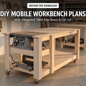 May include: A digital document titled DIY MOBILE WORKBENCH PLANS With Integrated Table Saw Space & Cut List. The image shows a light-colored wooden mobile workbench on red casters with a built-in gray table saw and a lower storage shelf.