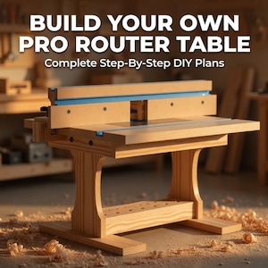 Könnte beinhalten: Ein Frästisch aus Holz mit Anschlag und blauen Schieneneinsätzen, der den Text BUILD YOUR OWN PRO ROUTER TABLE Complete Step-By-Step DIY Plans trägt. Der Tisch hat eine helle Holzmaserung und steht auf einem Sockel mit Querbalken.