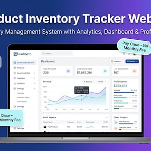 Könnte beinhalten: Ein Laptop zeigt das Dashboard der DashlyPro Web-App zur Bestandsverfolgung. Der Bildschirm zeigt Analysen, Gewinnberichte und Lagerwerte. Begleitender Text hebt Funktionen wie Echtzeit-Tracking, Lieferantenverwaltung und keine monatlichen Gebühren hervor.