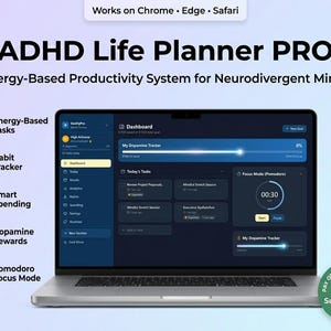Könnte beinhalten: Ein Laptop zeigt das ADHD Life Planner PRO Dashboard mit Funktionen wie energiebasierte Aufgaben, Gewohnheits-Tracker, intelligentes Ausgabenmanagement, Dopamin-Belohnungen und einen Pomodoro-Fokus-Modus auf dem Bildschirm.