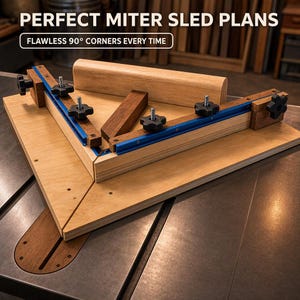 Puede incluir: Un trineo de ingletes de madera con rieles metálicos azules, perillas negras en forma de estrella y un mango. El texto dice: PERFECT MITER SLED PLANS, FLAWLESS 90° CORNERS EVERY TIME. Esta herramienta de carpintería es para cortes precisos.