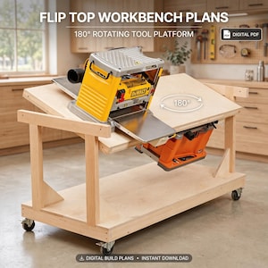 May include: Flip top workbench plans for a 180-degree rotating tool platform. The wooden workbench features a yellow DeWalt planer on top and an orange power tool underneath, mounted on a rotating surface with four caster wheels for mobility.